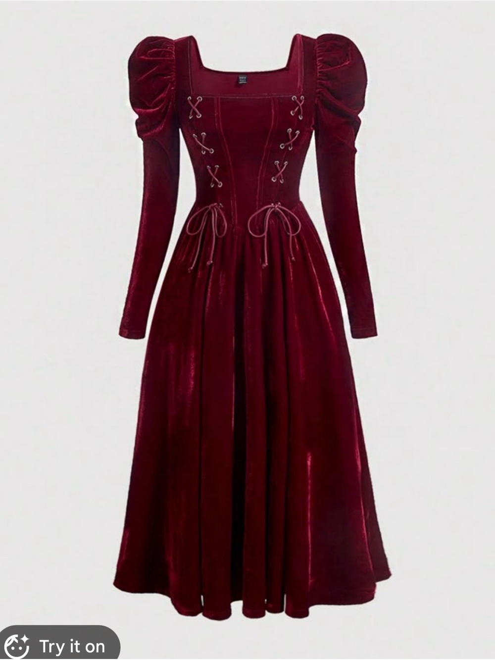 SHEIN Burgundy Velvet Long-Sleeve Lace-Up Dress